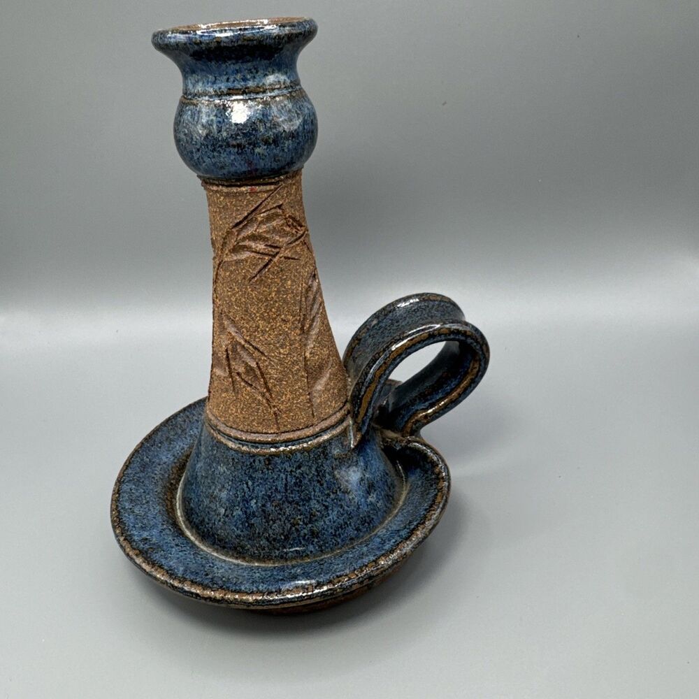Signed Studio Art Pottery Chamber Candlestick Holder Blue Speckled Drip Glaze